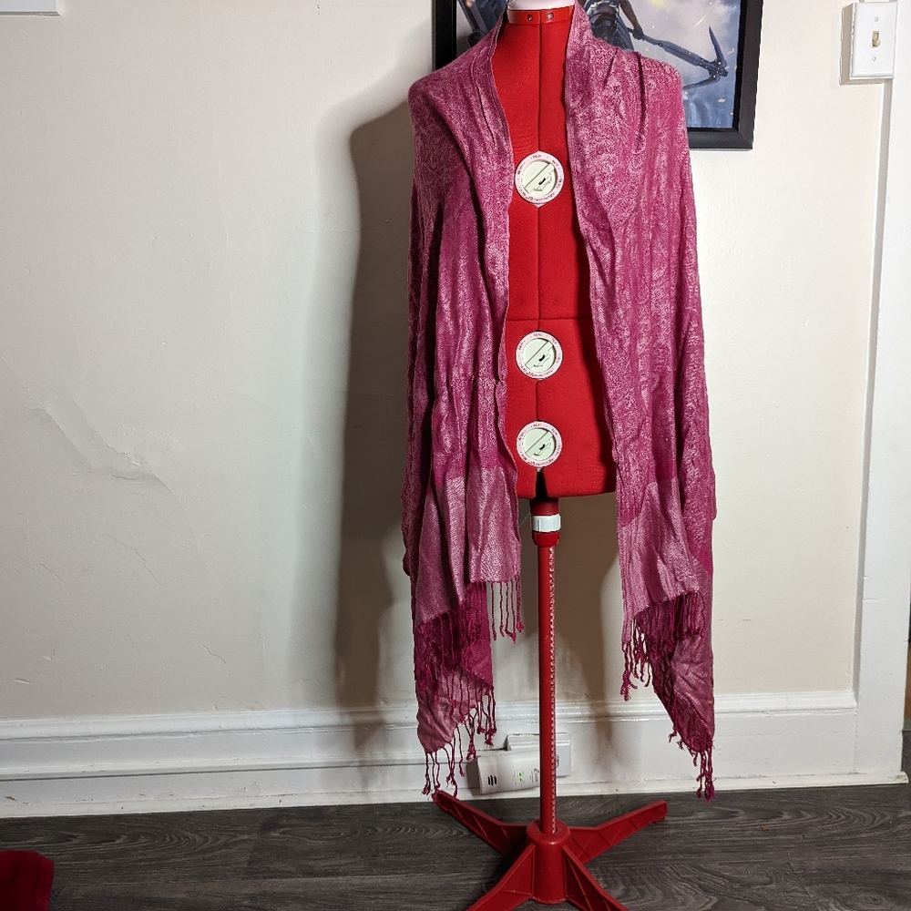 Pink Silk Brocade Scarf with Fringe